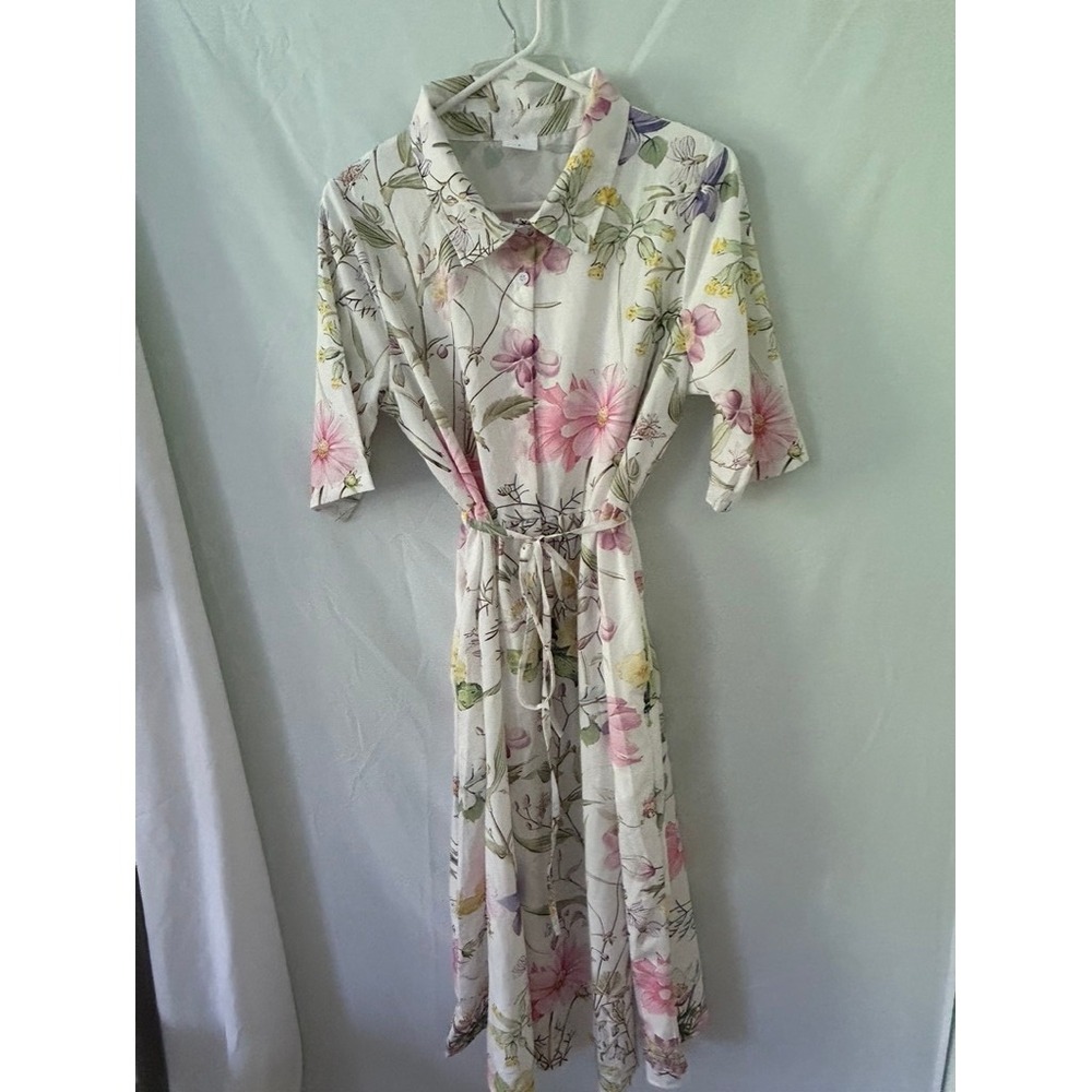 Womens White Floral Midi Shirt Dress Short Sleeve Button Front Belted Large